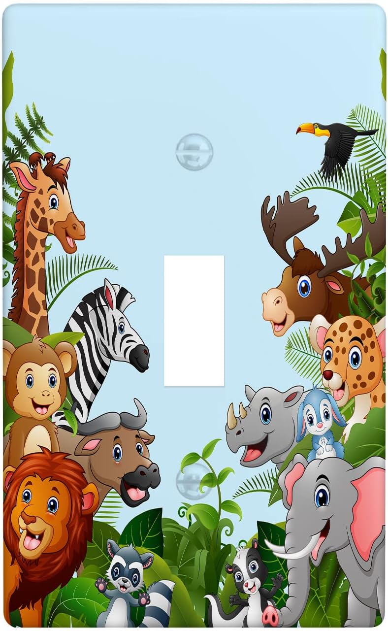 Czrouz Cartoon Forest Animals Single Toggle Light Switch Plate Decorative, Cute Elephant Giraffe Lion 1 Gang Wall Plates Cover Electrical Switchplate for Kitchen Bathroom Bedroom Home Decor Faceplate - Image 1